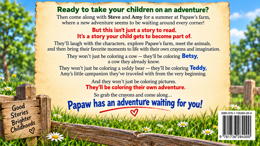 This is a picture of the back of the book, Adventures at Papaw's. Here you will meet some of the characters who will become your friends once you go along on their adventures. You'll meet all Of Papaw's animals And you will feel like they become your own. So come along with Steve and Amy on there Adventures, at Papaw's!