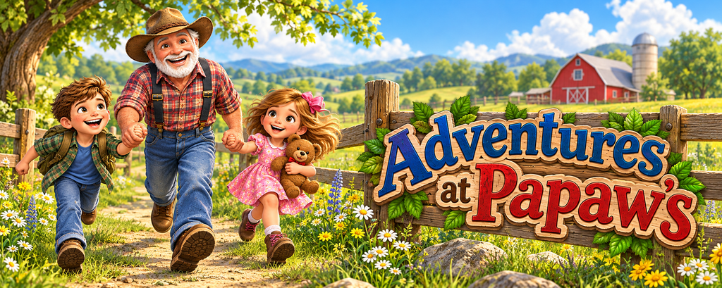 Papaw running through a sunny farm with Steve and Amy, who is carrying Teddy, beside an Adventures at Papaw’s sign.